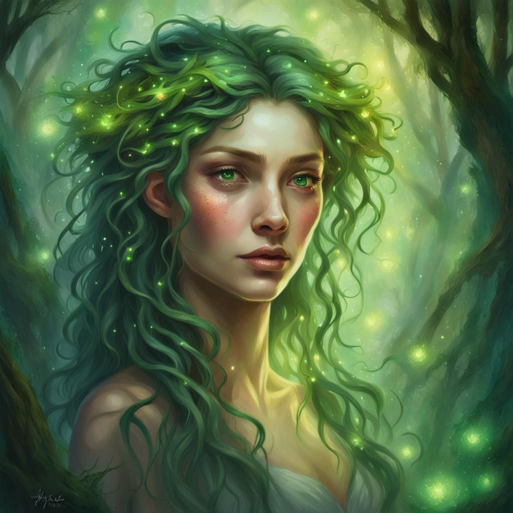 Mystical Forest Nymph Portrait in Oil Painting Style