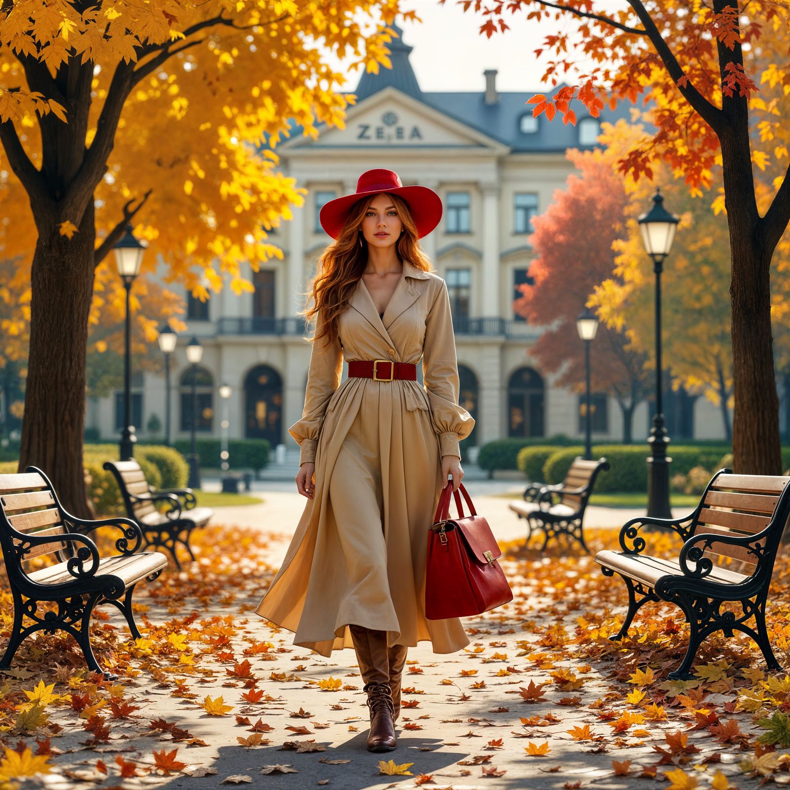 Woman in Autumn Park in Hyperreal Style
