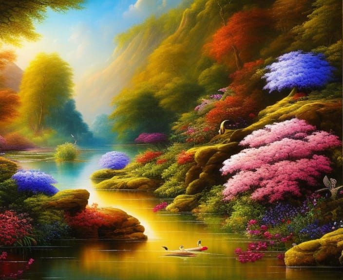 Lush Wildlife Oasis in Ornate Oil Painting Style