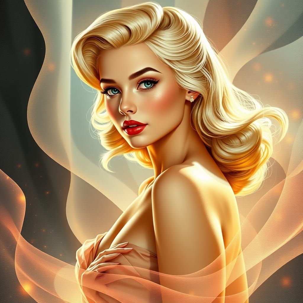 1950s Pin-Up Fusion: Digital Illustration with Abstract Form...