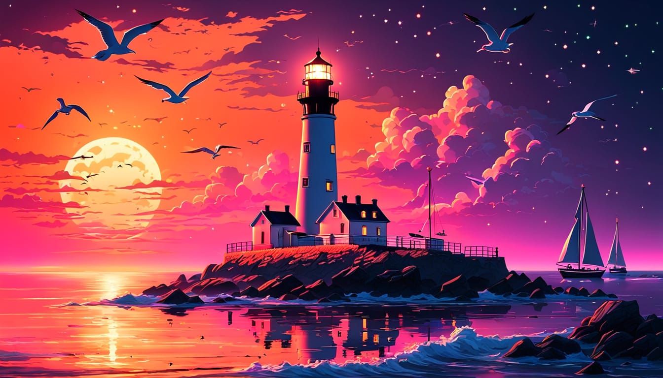 Neon Pink and Orange Sunset Over Enchanted Sea
