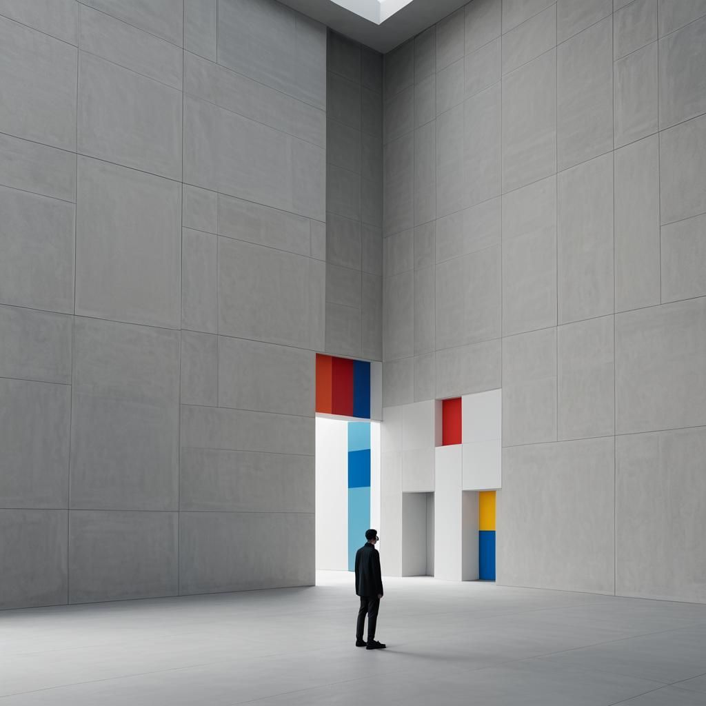 Minimalist Figure in Grey Building, De Stijl Style