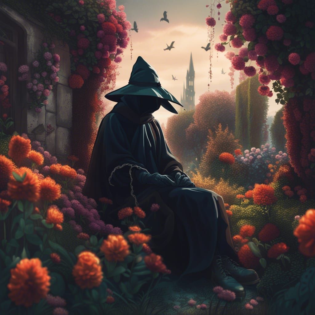 Plague Doctor with Cat Features in Flower Garden