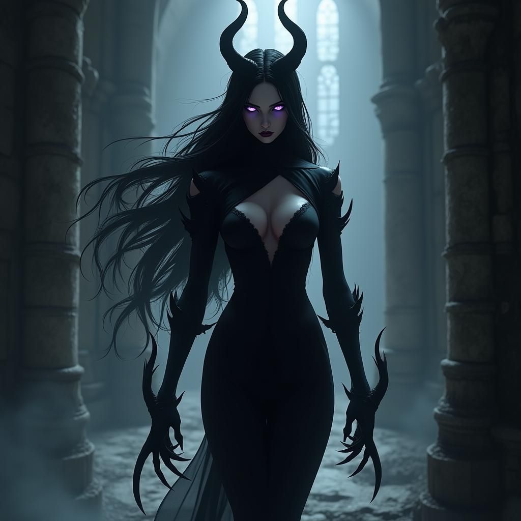 Ethereal Shadow Demon Woman in Abandoned Castle