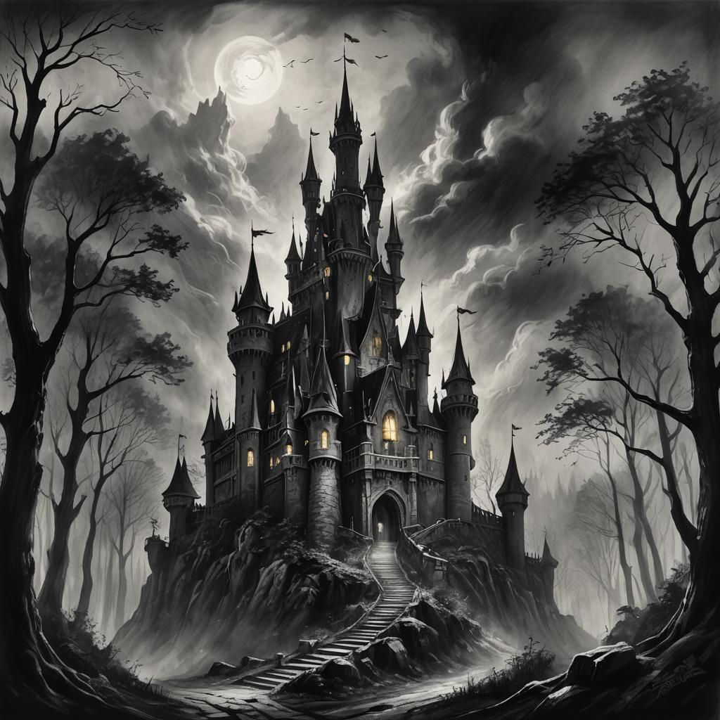 Eerie Haunted Castle in Charcoal Drawing Style