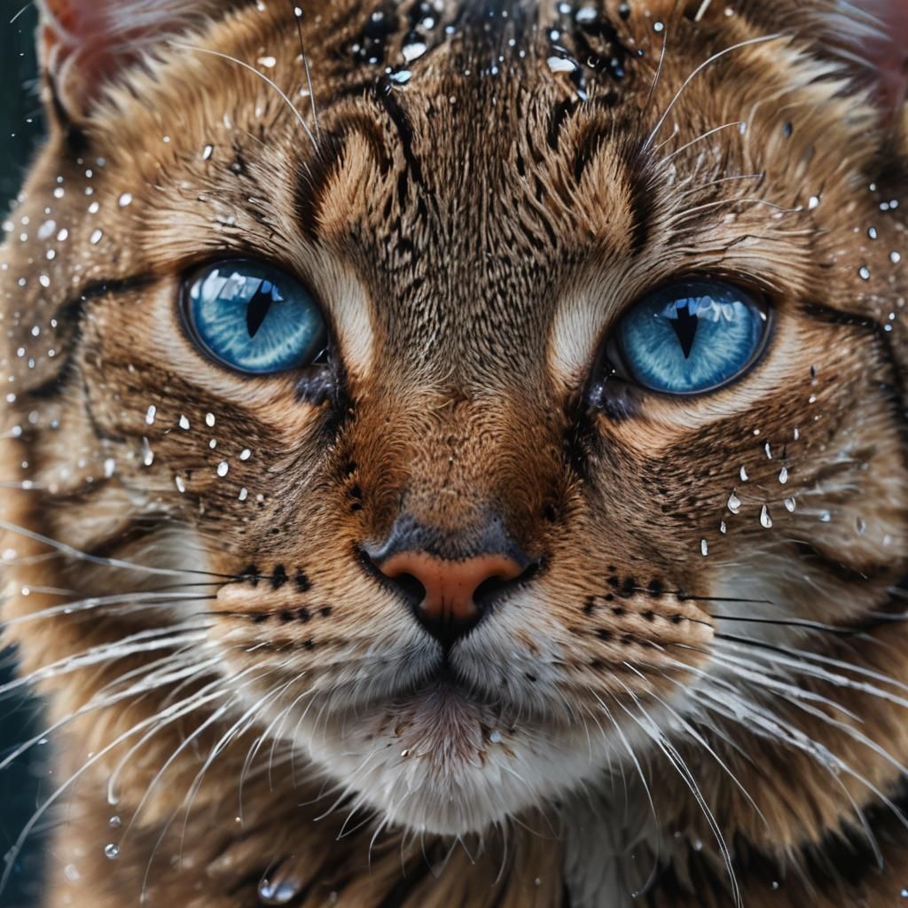 Macro Shot of Tabby Cat in Rain: Digital Art
