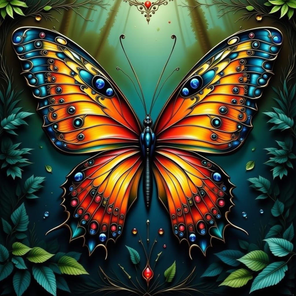 Butterfly with Gold Filigree and Colorful Wings