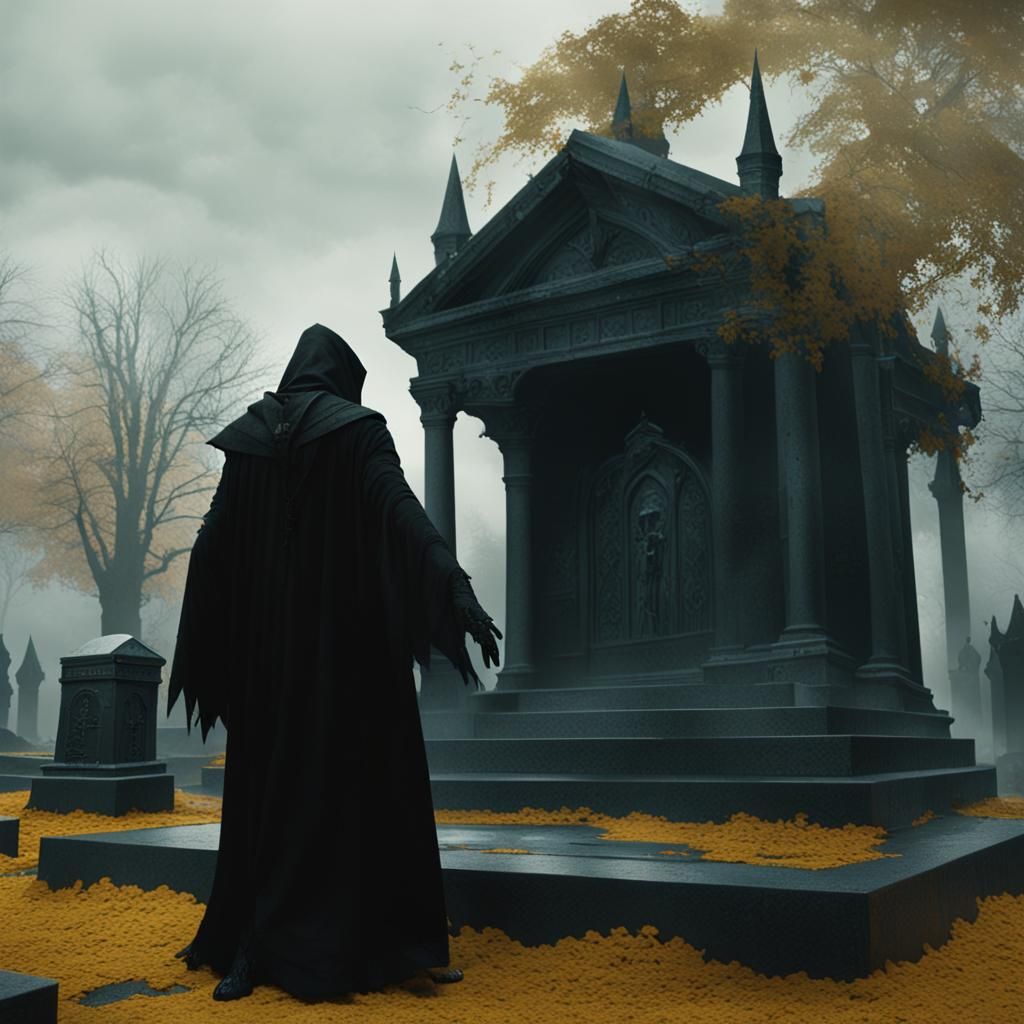 Eerie Necromancer Casting Spell in Gothic Mausoleum