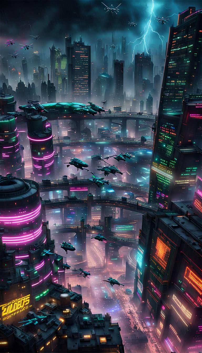 Futuristic Dystopian Cityscape at Night in Cyberpunk Style