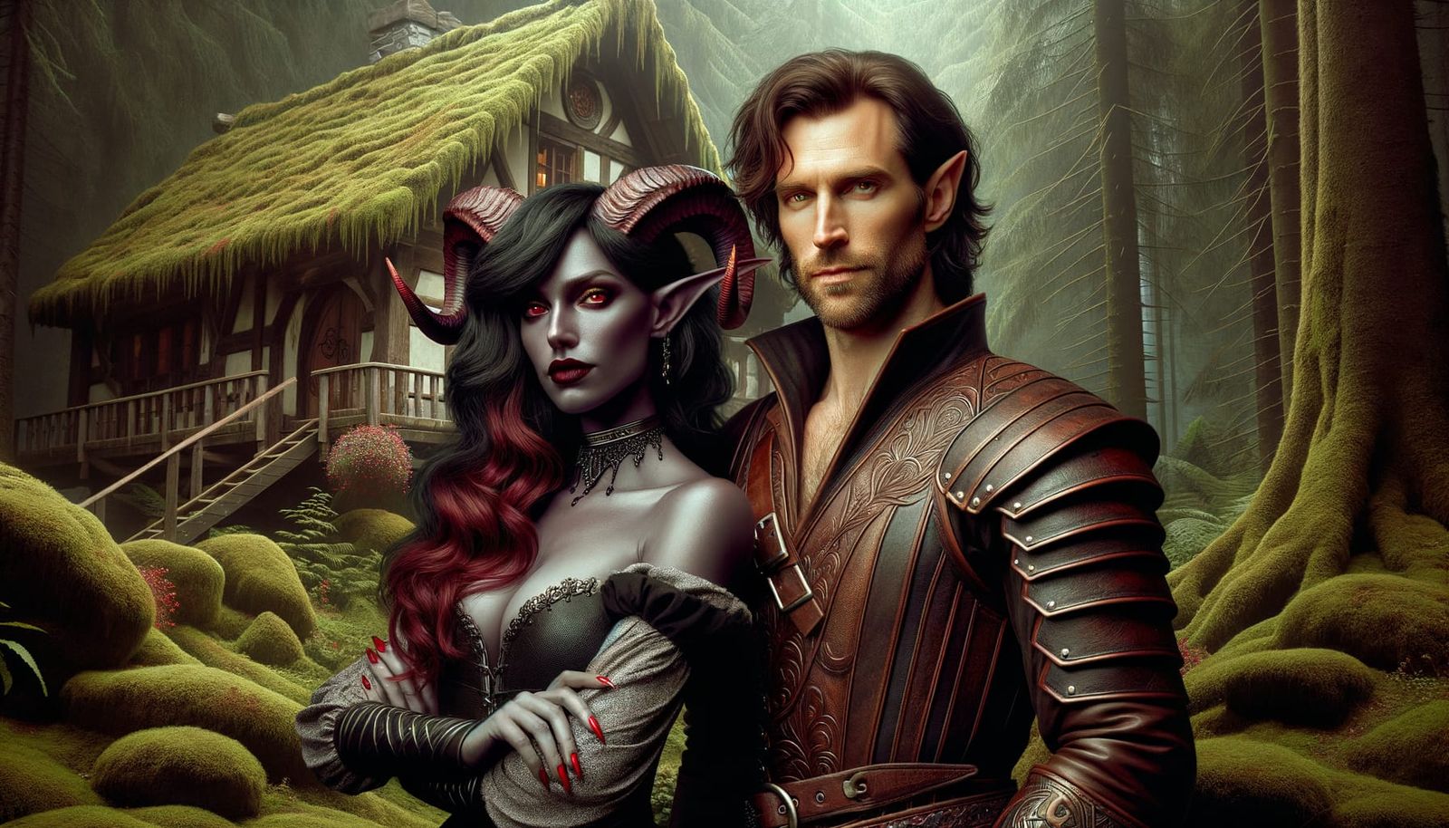 Tiefling Woman and Human Man in Affectionate Portrait