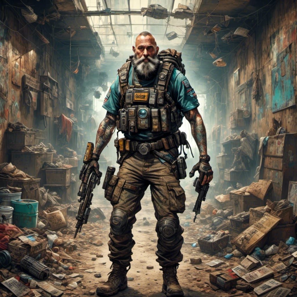 Trashpunk Cleaner in Dilapidated Hallway