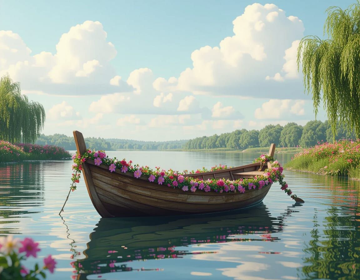 Floral Boat on Calm Lake: Digital Matte Painting