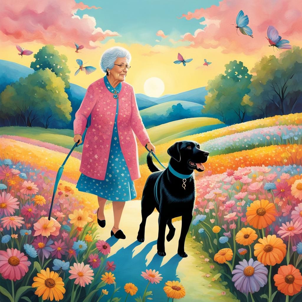 Whimsical Granny and Labrador in Pastel Flower Field