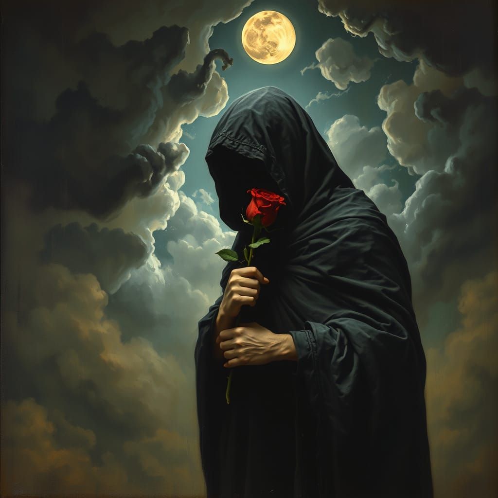 Decadent Allegory: Shadow Figure with Wilting Rose