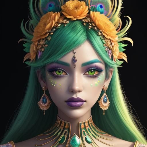 Metallic Woman with Peacock Feathers in Candy Art