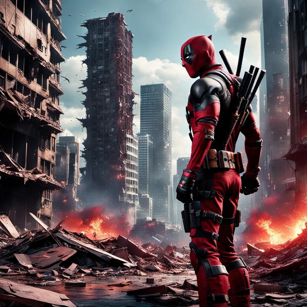 Deadpool in a Vibrant, Fantasy Cityscape