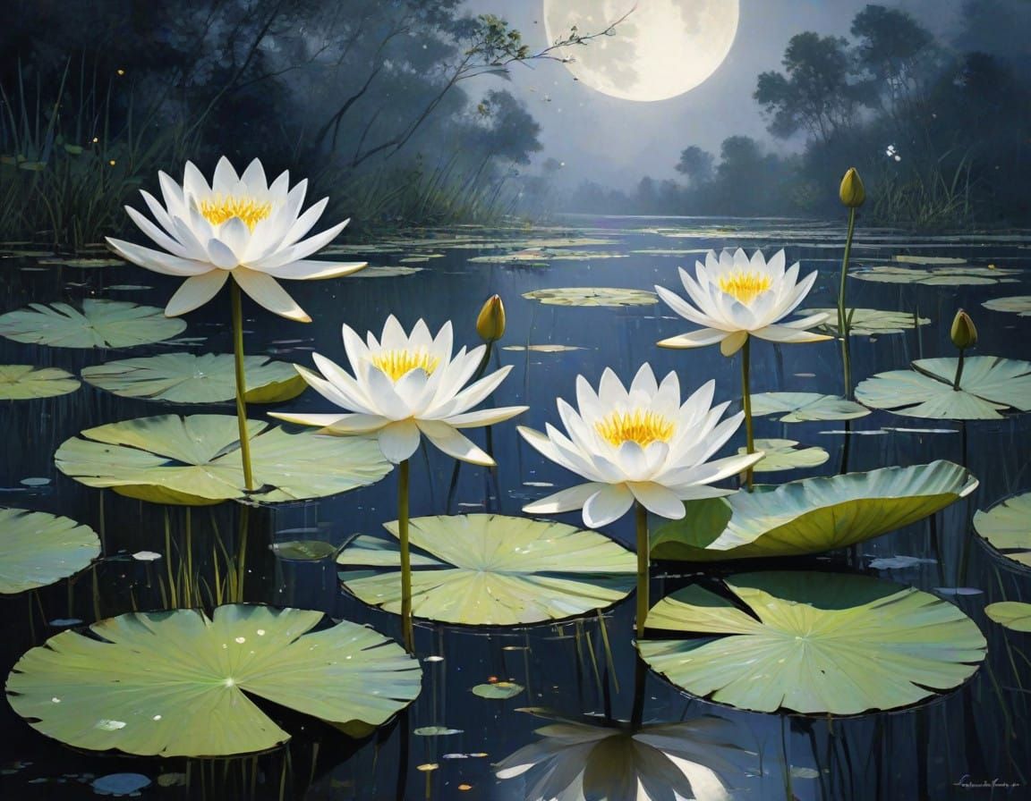 Moonlit Water Lilies on a Serene Lake in Whimsical Style
