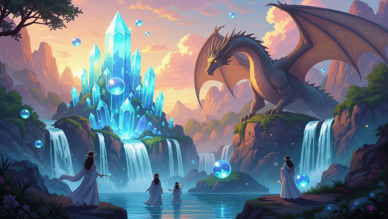 Fantasy Crystal Waterfall World with Elves and Dragons