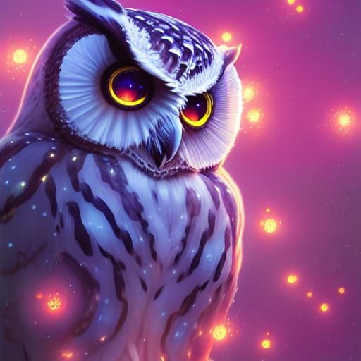 Ethereal Owl with Glowing Crystals: Digital Illustration