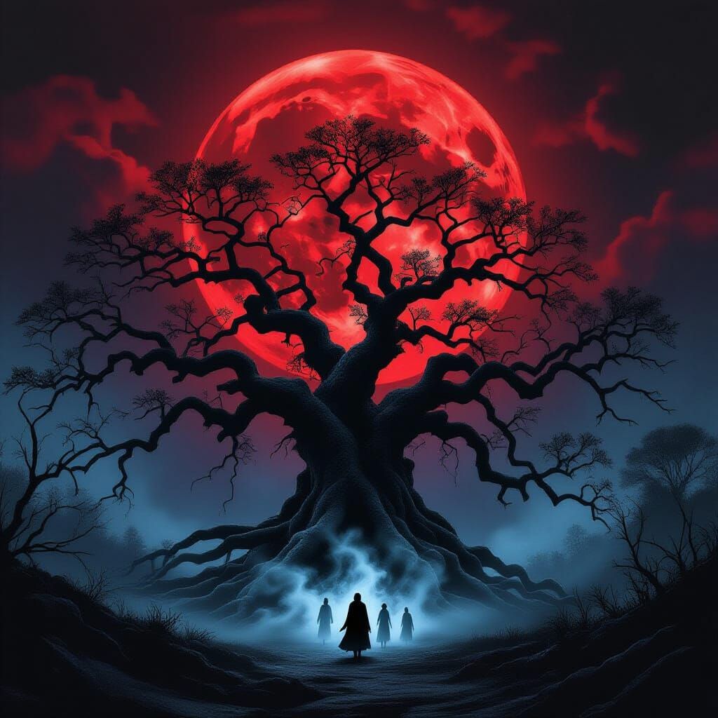 Ancient Banyan Tree Silhouetted Against Blood Moon