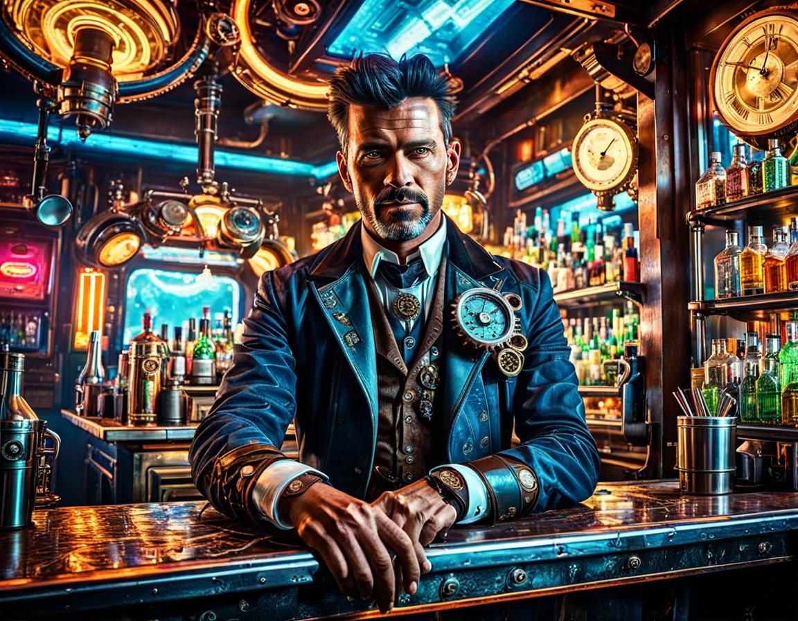 Steampunk Bartender in Cyberpunk Western Saloon