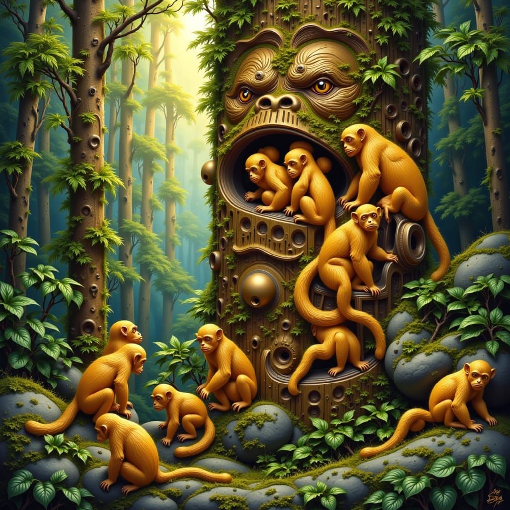 Golden Monkeys Totem Pole in Mystical Forest