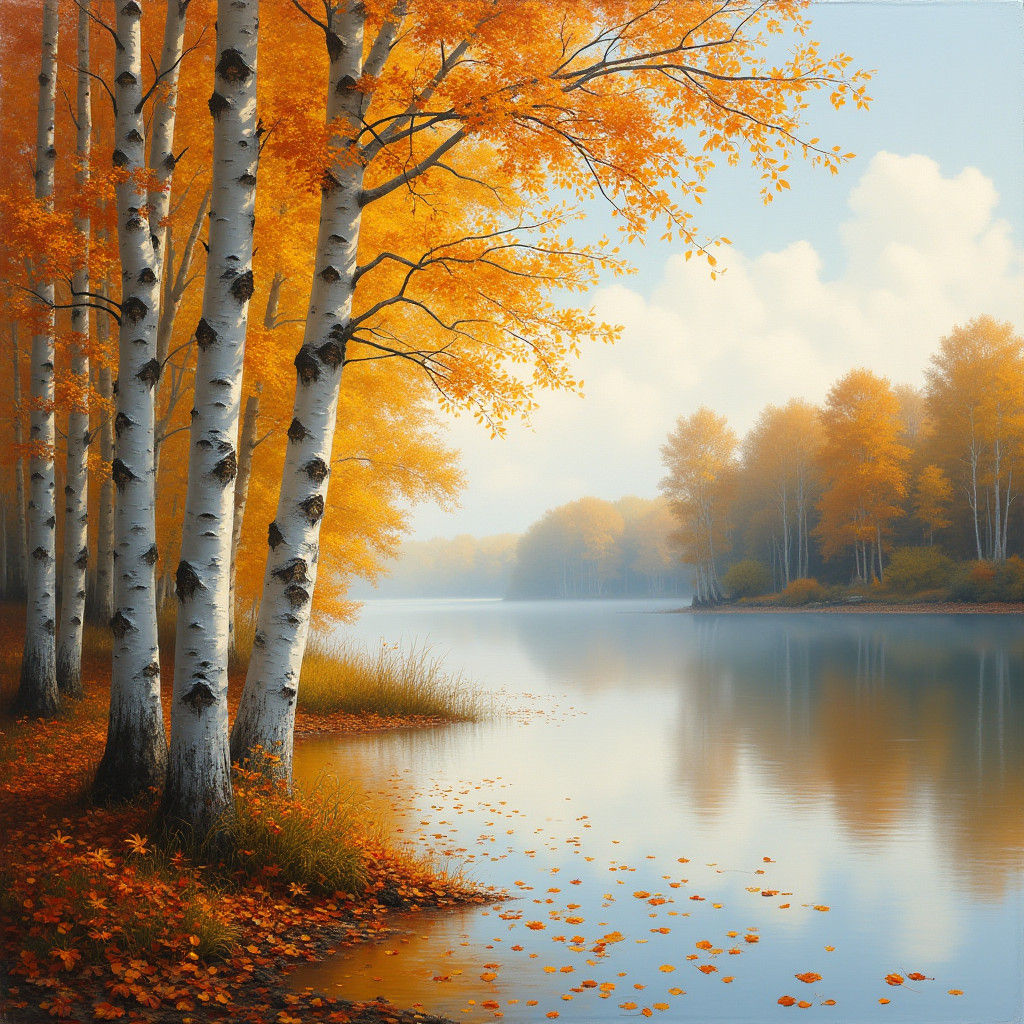 Autumn Lakeside Landscape in Impressionist Style