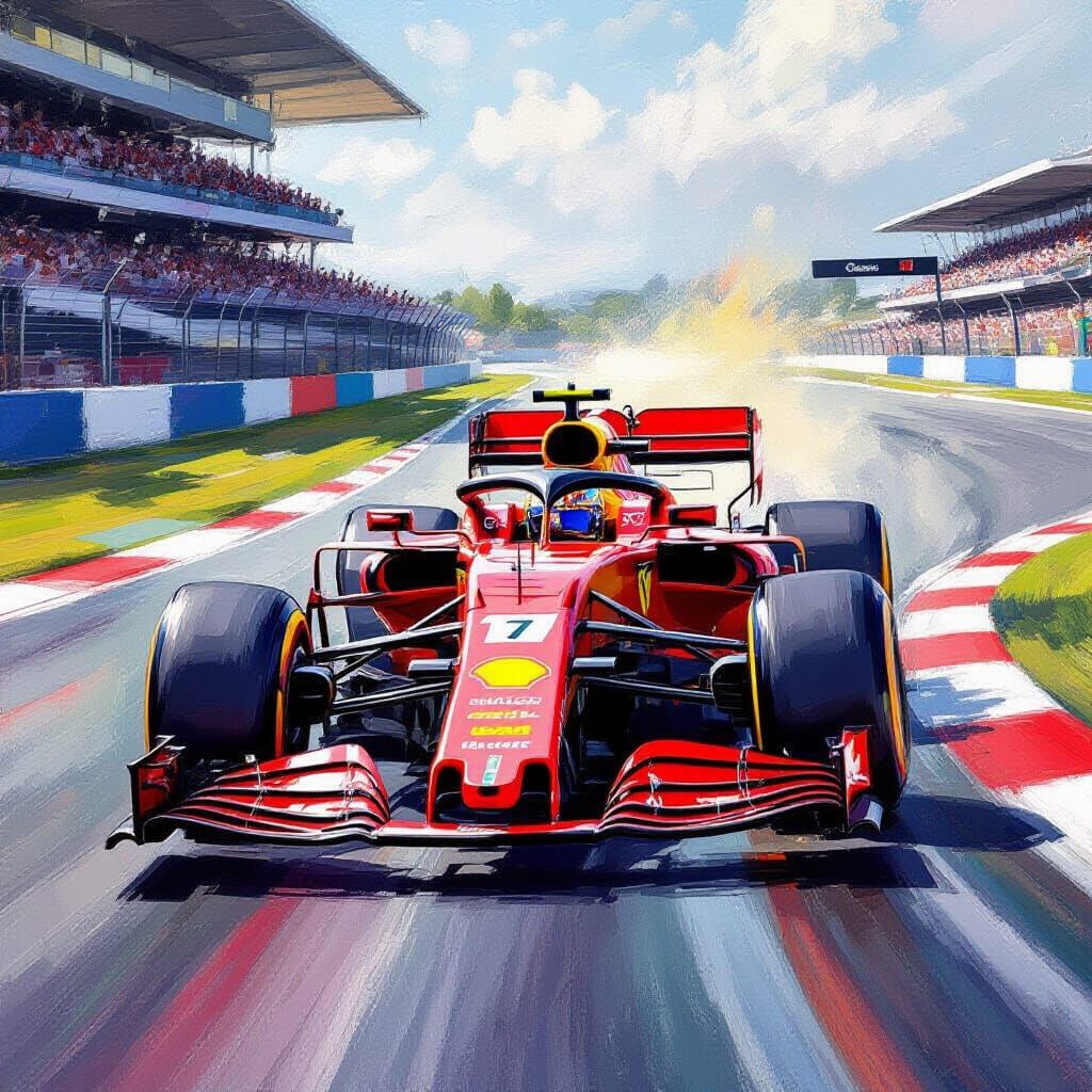 Impressionist Oil Painting of a Red F1 Car in Motion