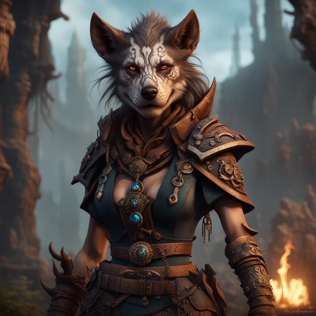 Grungy Female Gnoll Warlock Headhunter in Detailed Painting