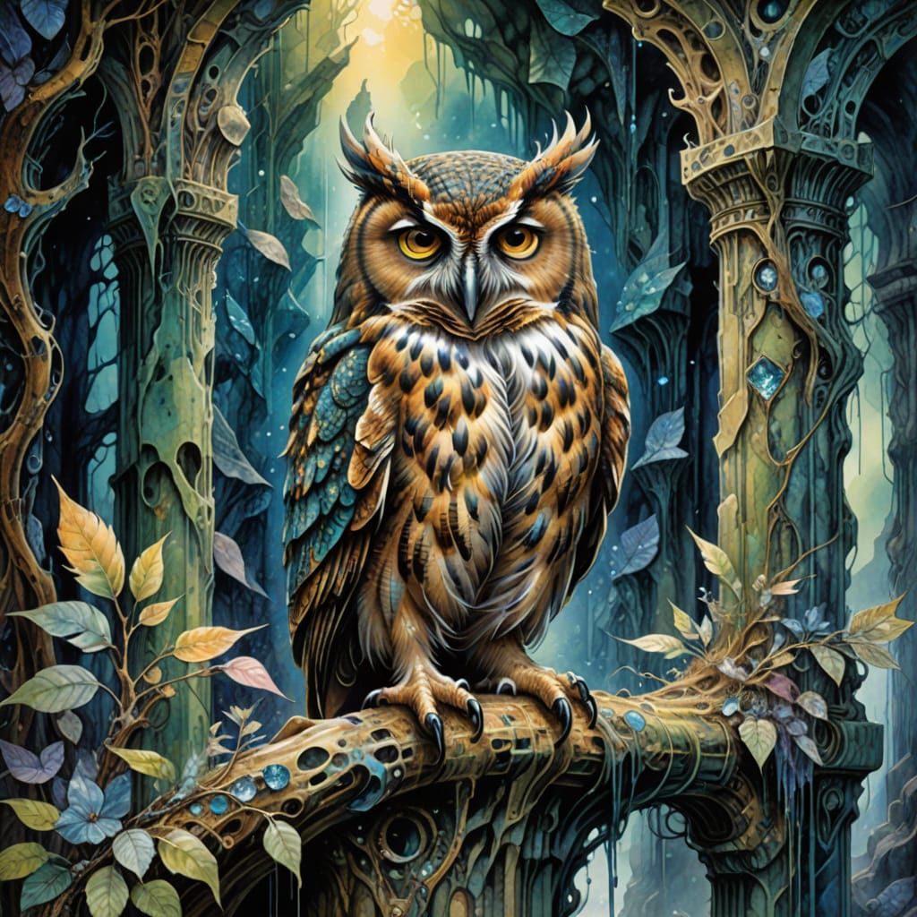 Surreal Cave Sanctuary with Wise Owl and Shimmering Metal Pi...