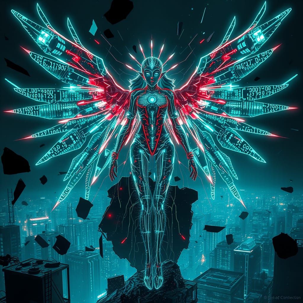 Digital Goddess Rises from Shattered Screen in Neon Blues an...