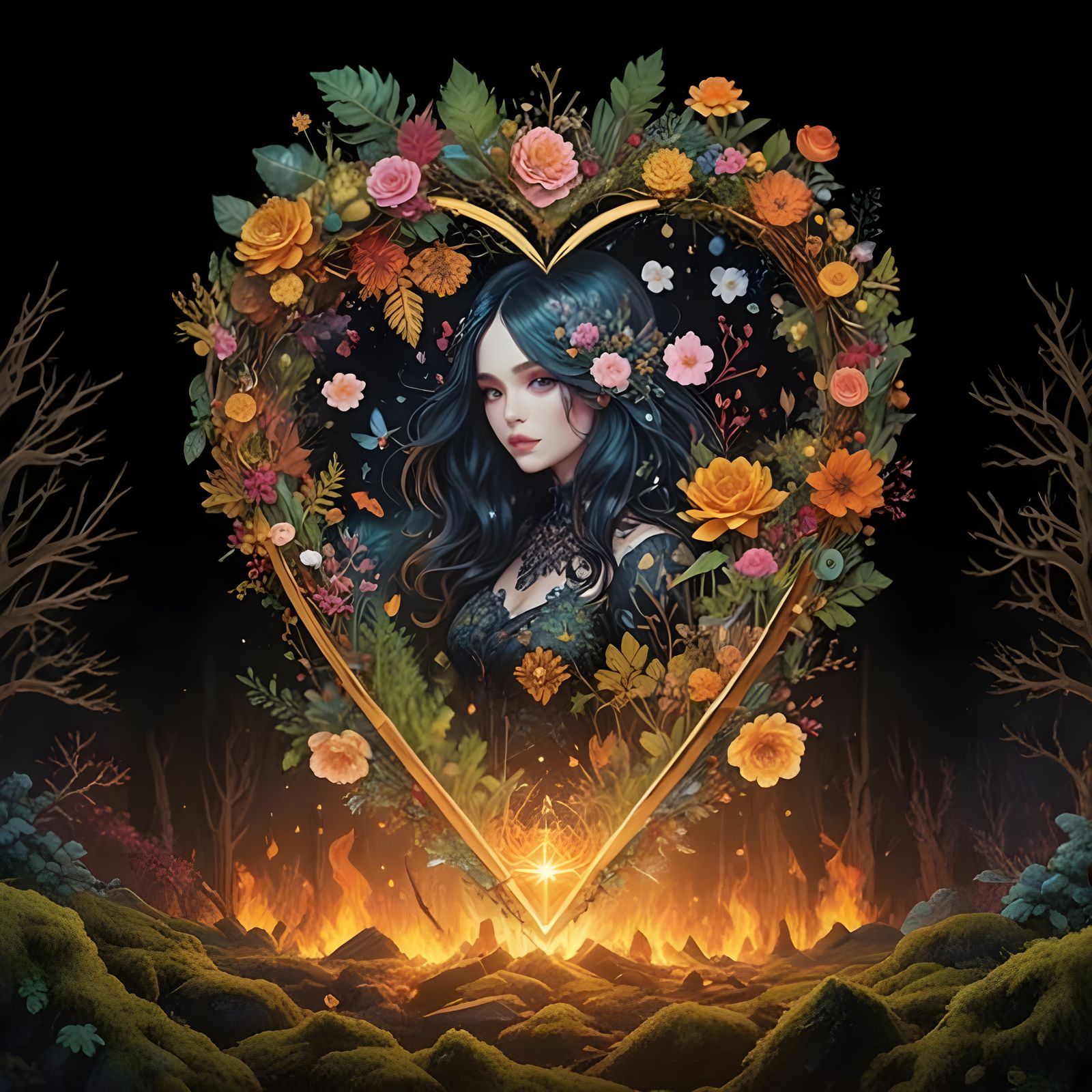 Glowing Floral Wreath in Crystal Heart, Whimsical Ink Design