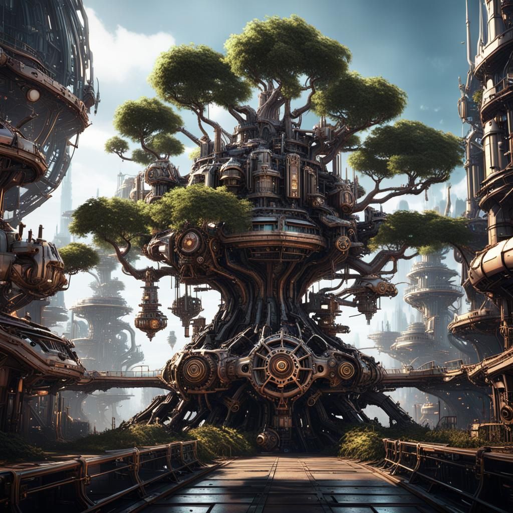 Steampunk Tree City with Intricate Mech Details
