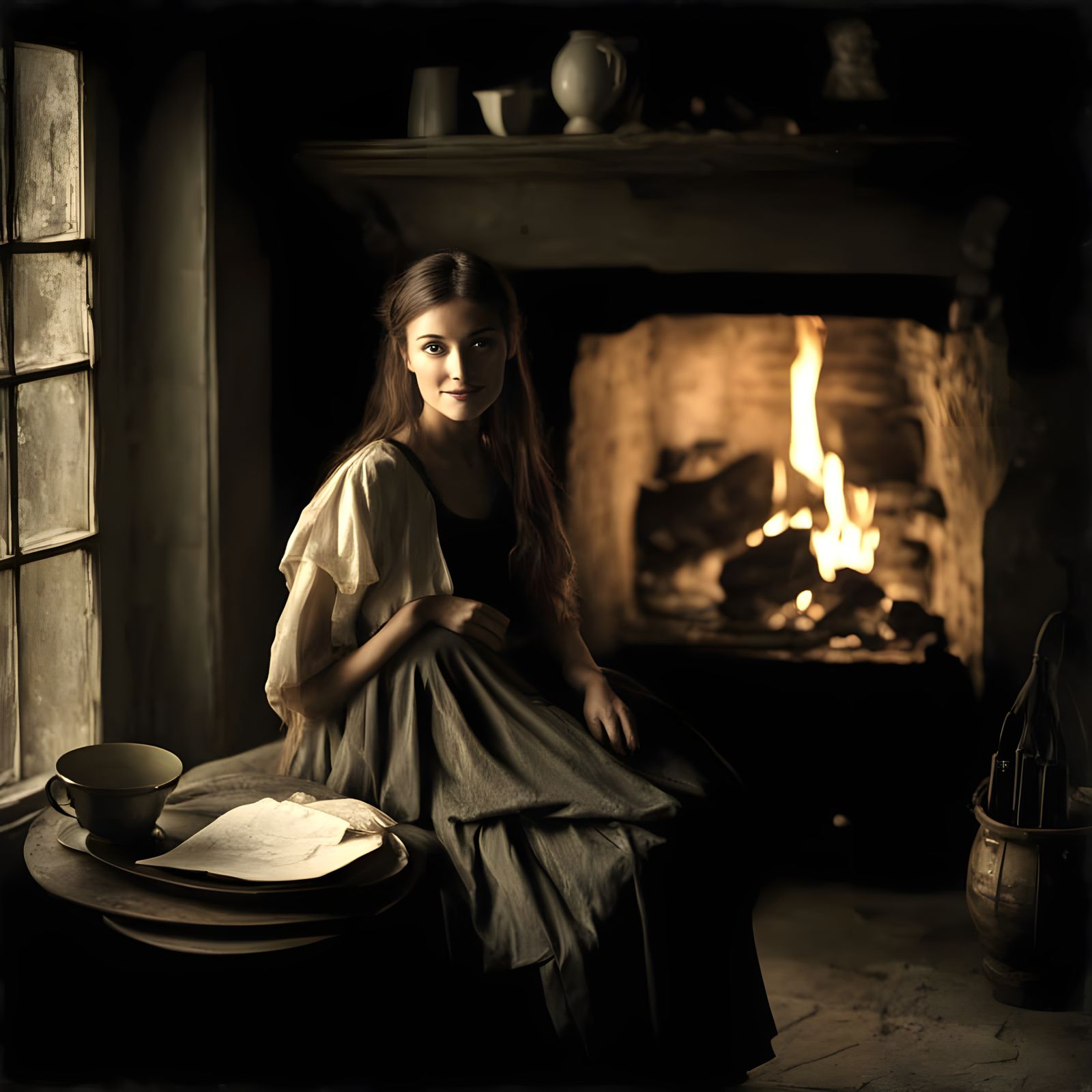 Warmth Emanating Young Woman in Cozy Fireplace Setting