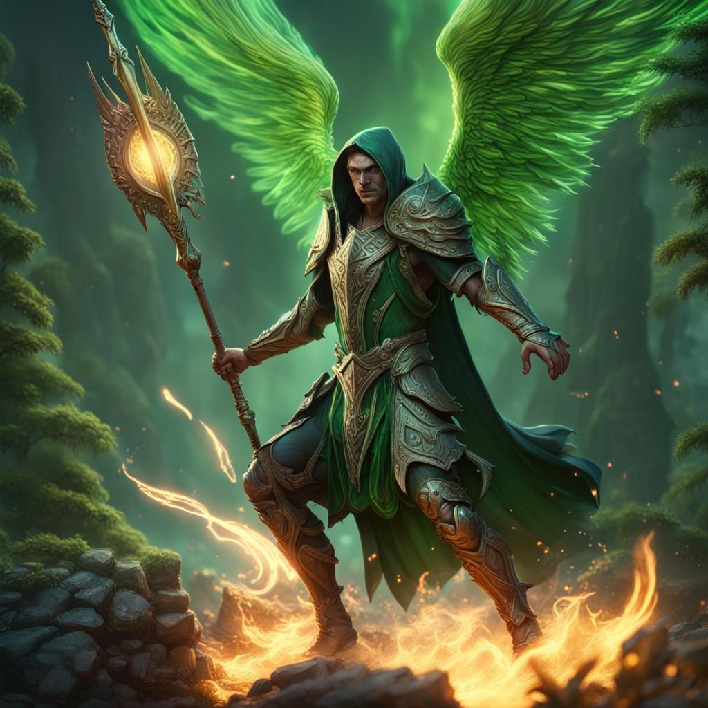 Aasimar Warrior with Flaming Spear: Fantasy Art