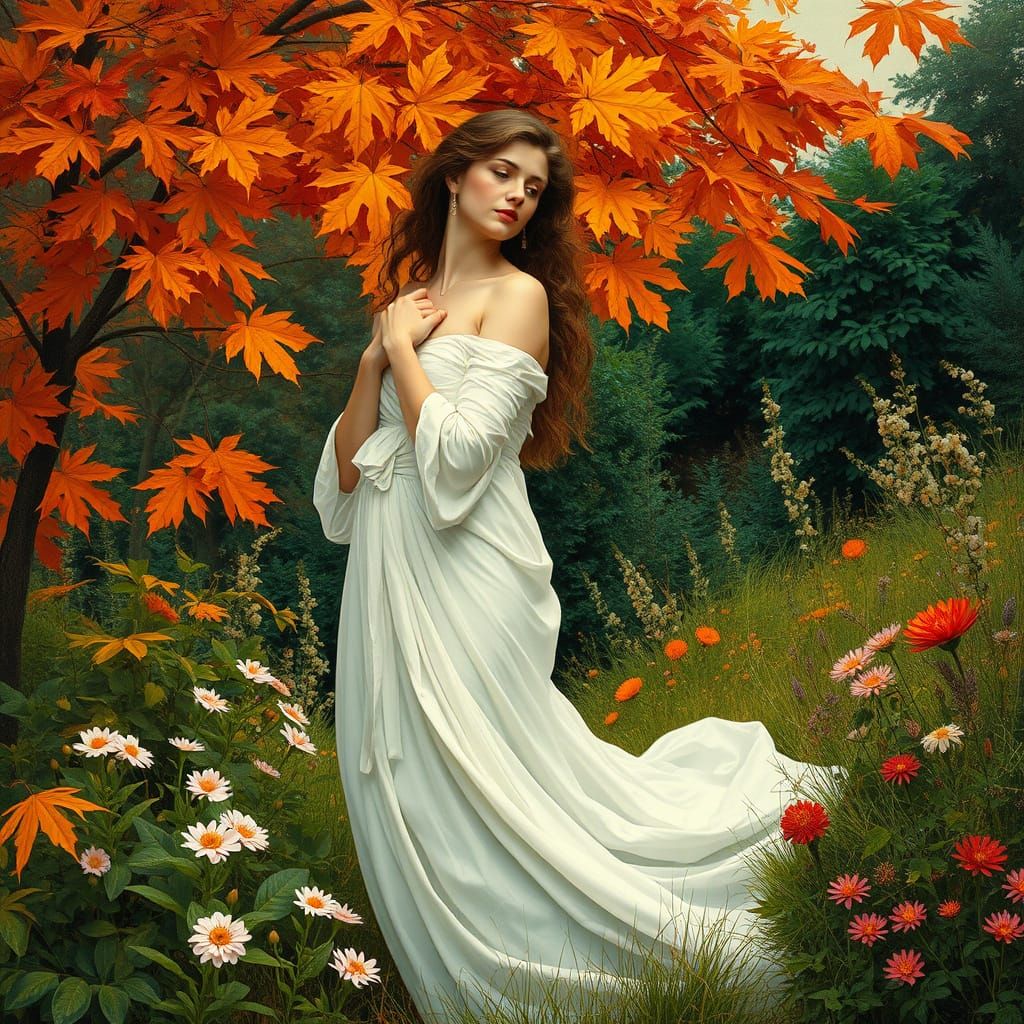 Contemplative Woman Surrounded by Seasonal Splendor