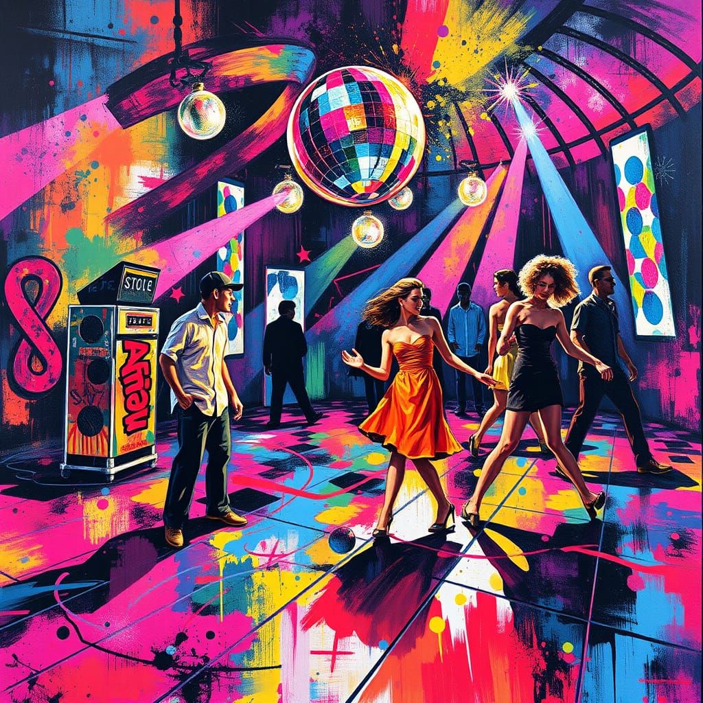 Vibrant Disco Scene in High-Contrast Graffiti Style