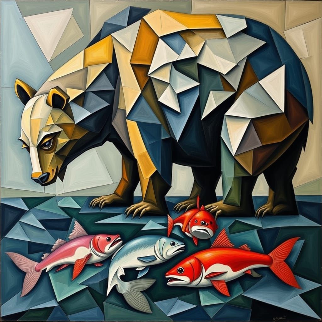 Cubist Bear Fishing for Salmon in River