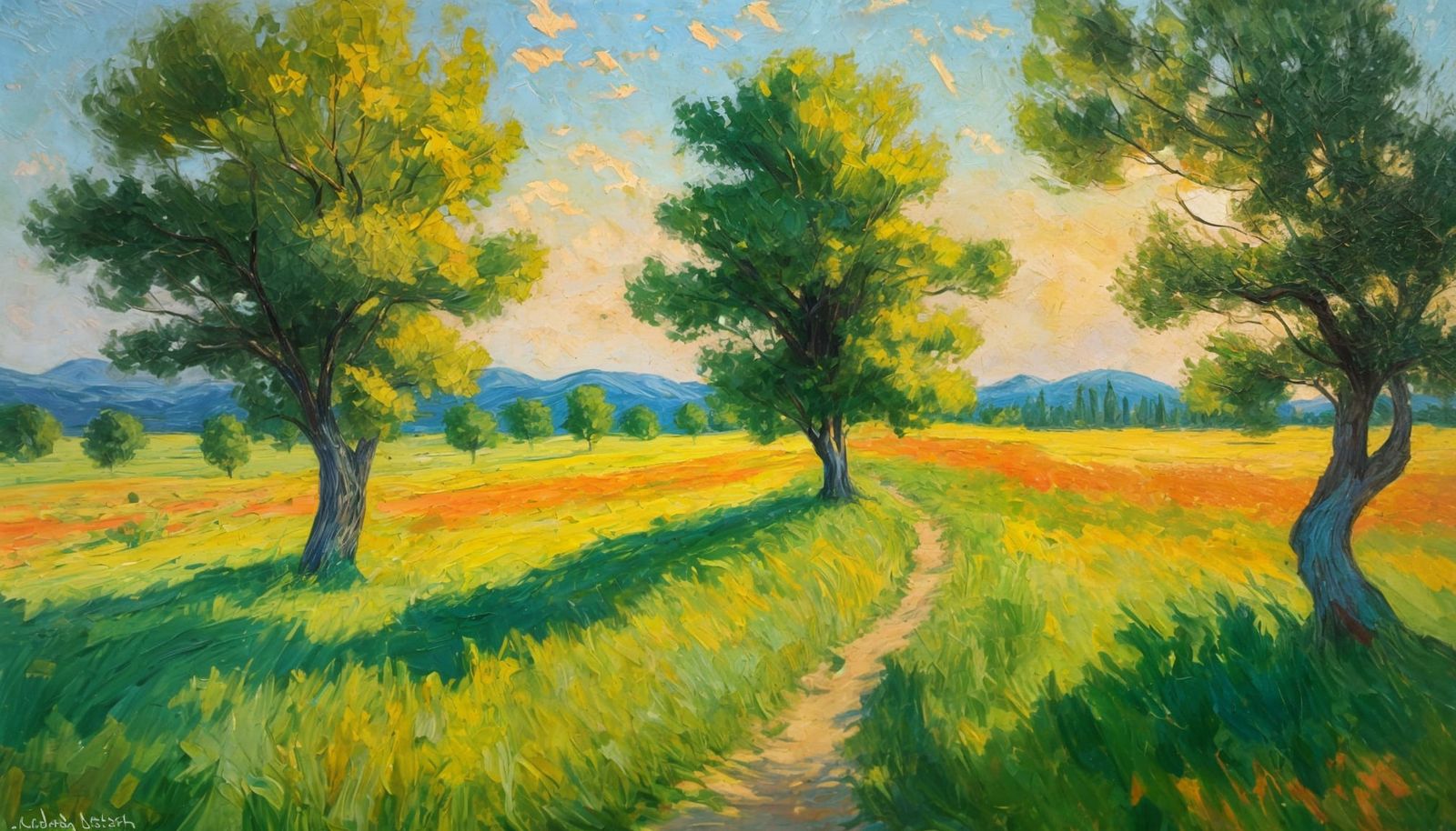 Vibrant Green Landscape in Expressionist Oil Painting