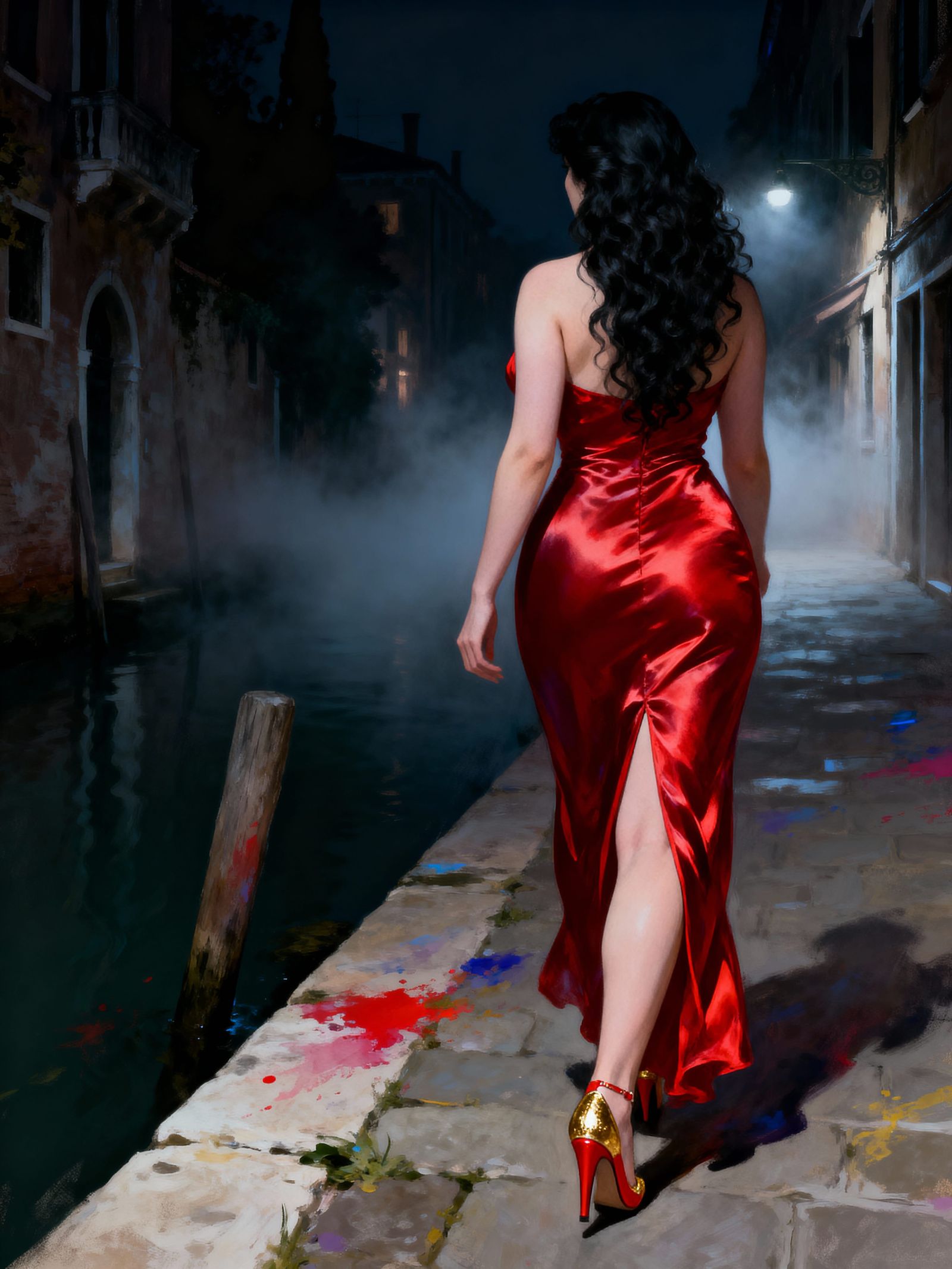 Woman in Red Silk Dress on Misty Night Street