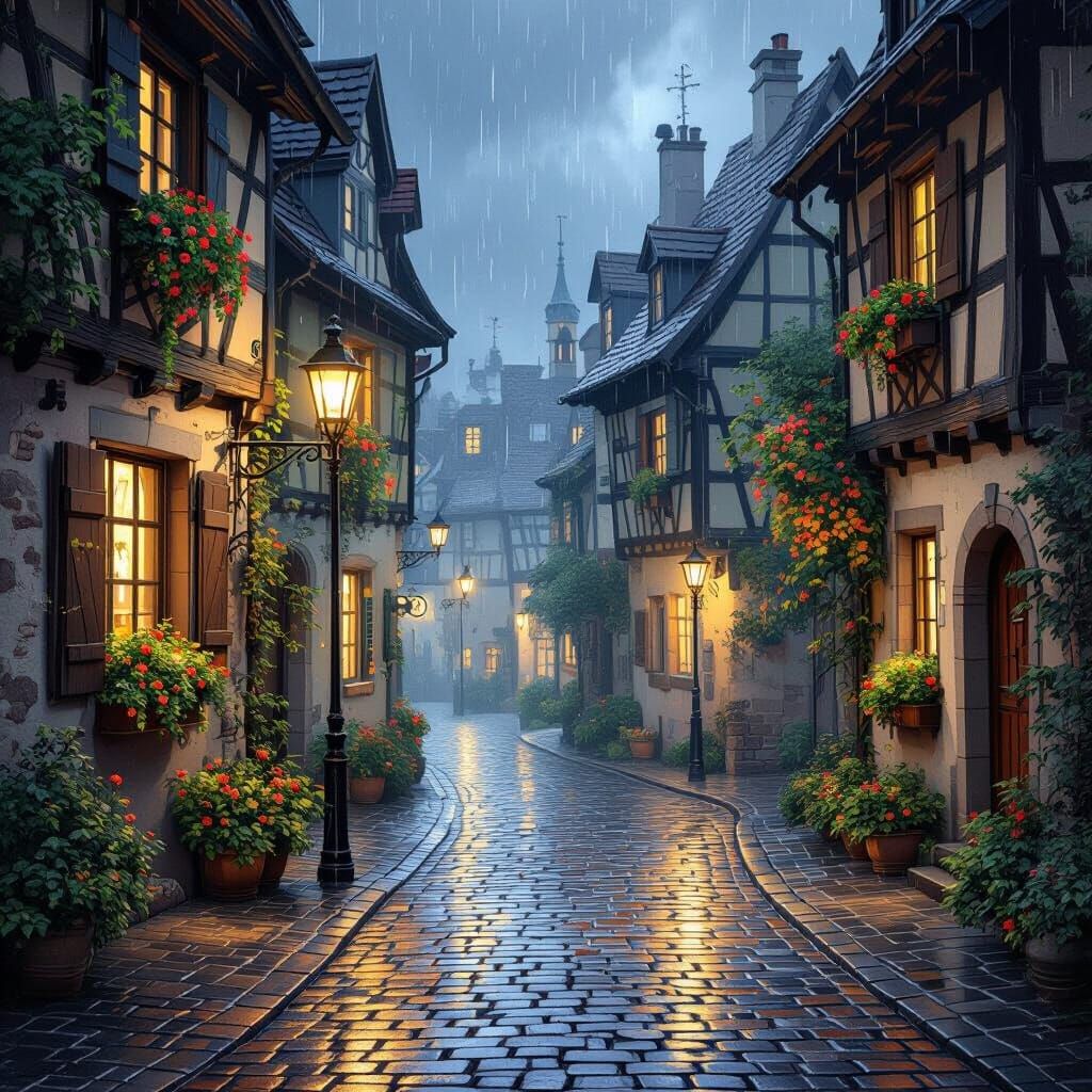 Magical Rainy Night on Quaint European Street