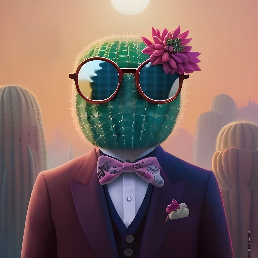 Smiling Cactus Portrait with Bowtie and Glasses