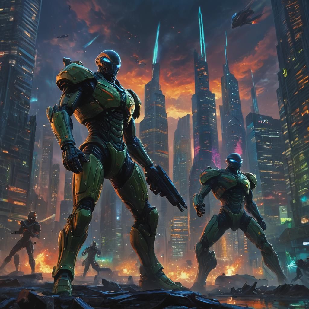 Futuristic Soldiers Fight Aliens in Vibrant Oil Painting