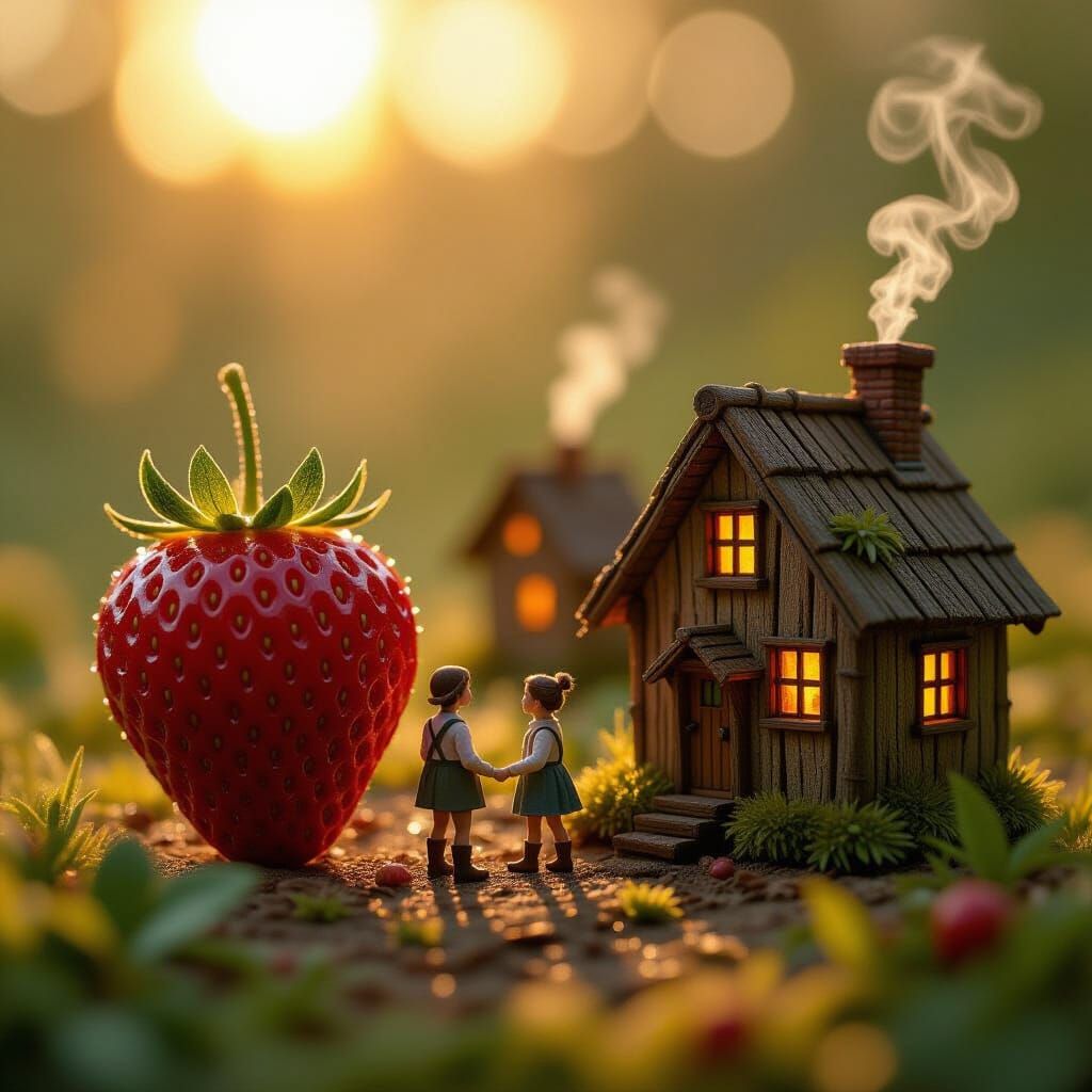 Miniature People Tend Giant Strawberries at Dawn