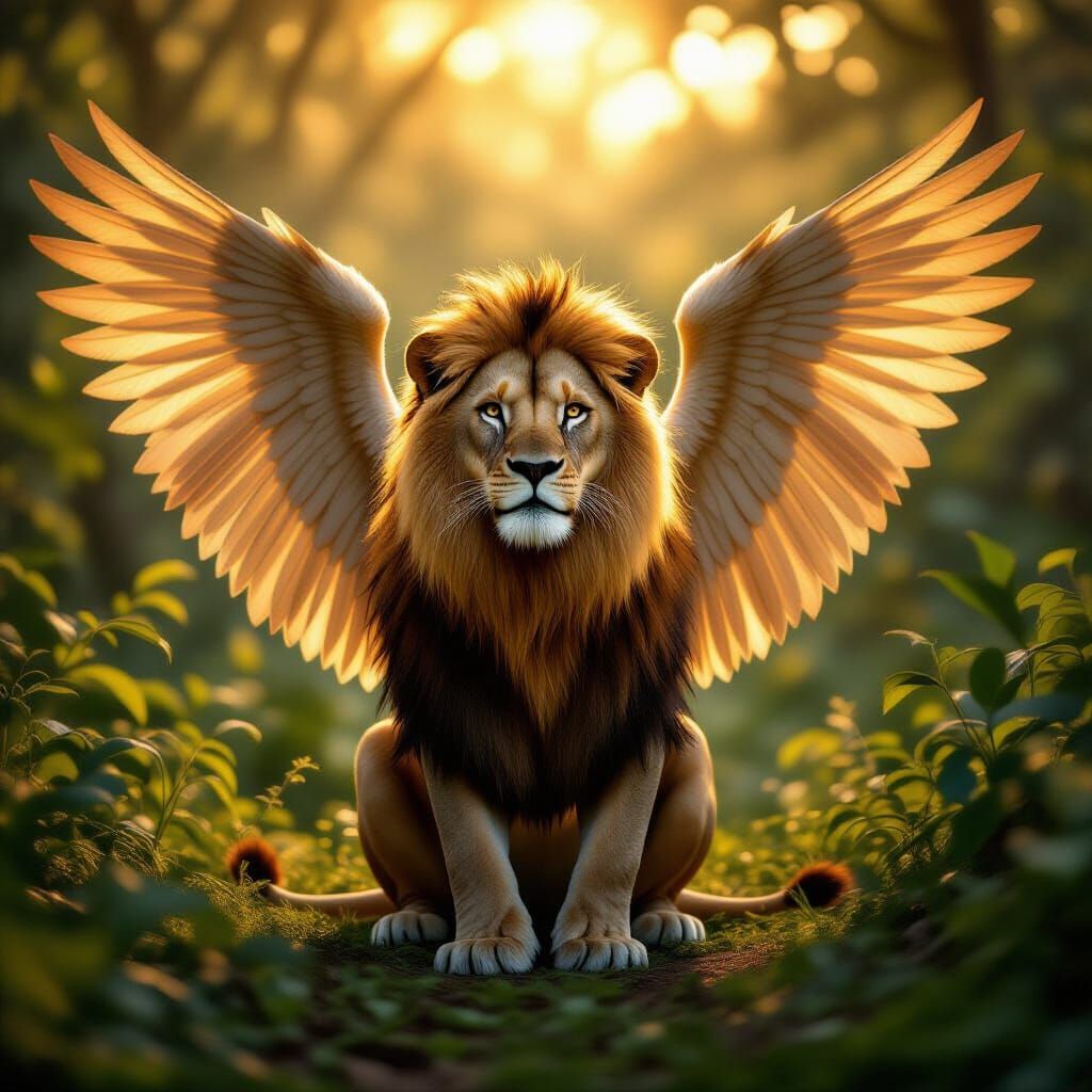 Winged Lion Cradling Orphans in Jungle, Hyperrealistic 8k