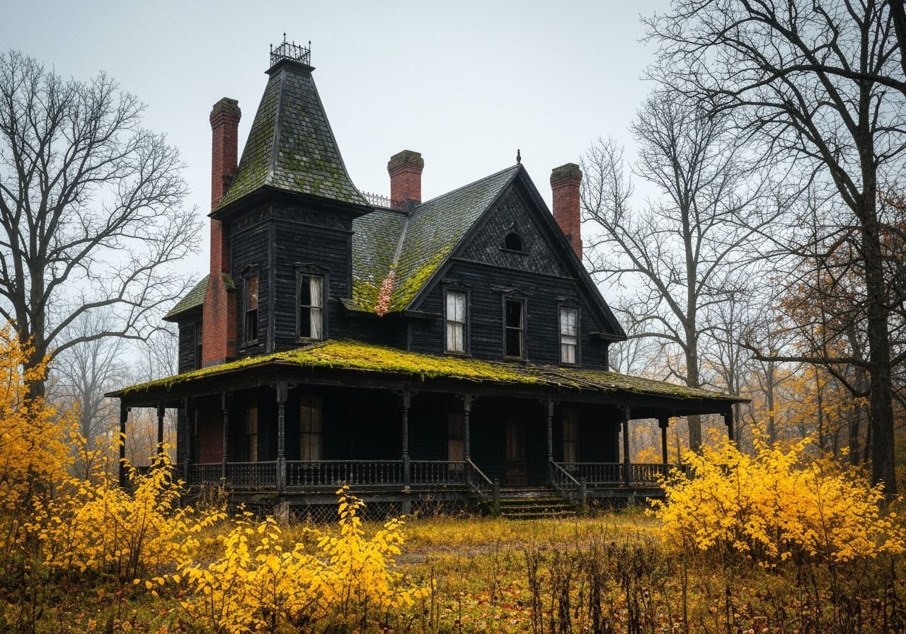 Abandoned Black House in Autumn Foliage
