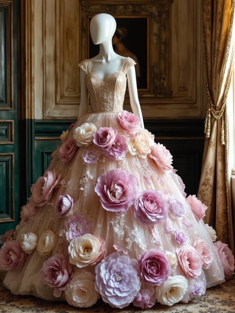Mannequin in Petal Couture Dress in Victorian Parlor