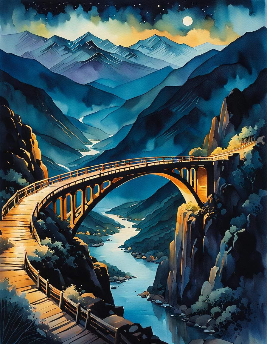Moonlit Bridge Over Valley as Watercolor Painting