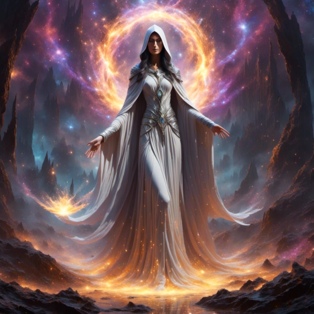 Female Wizard Casting White Magic and Wild Magic