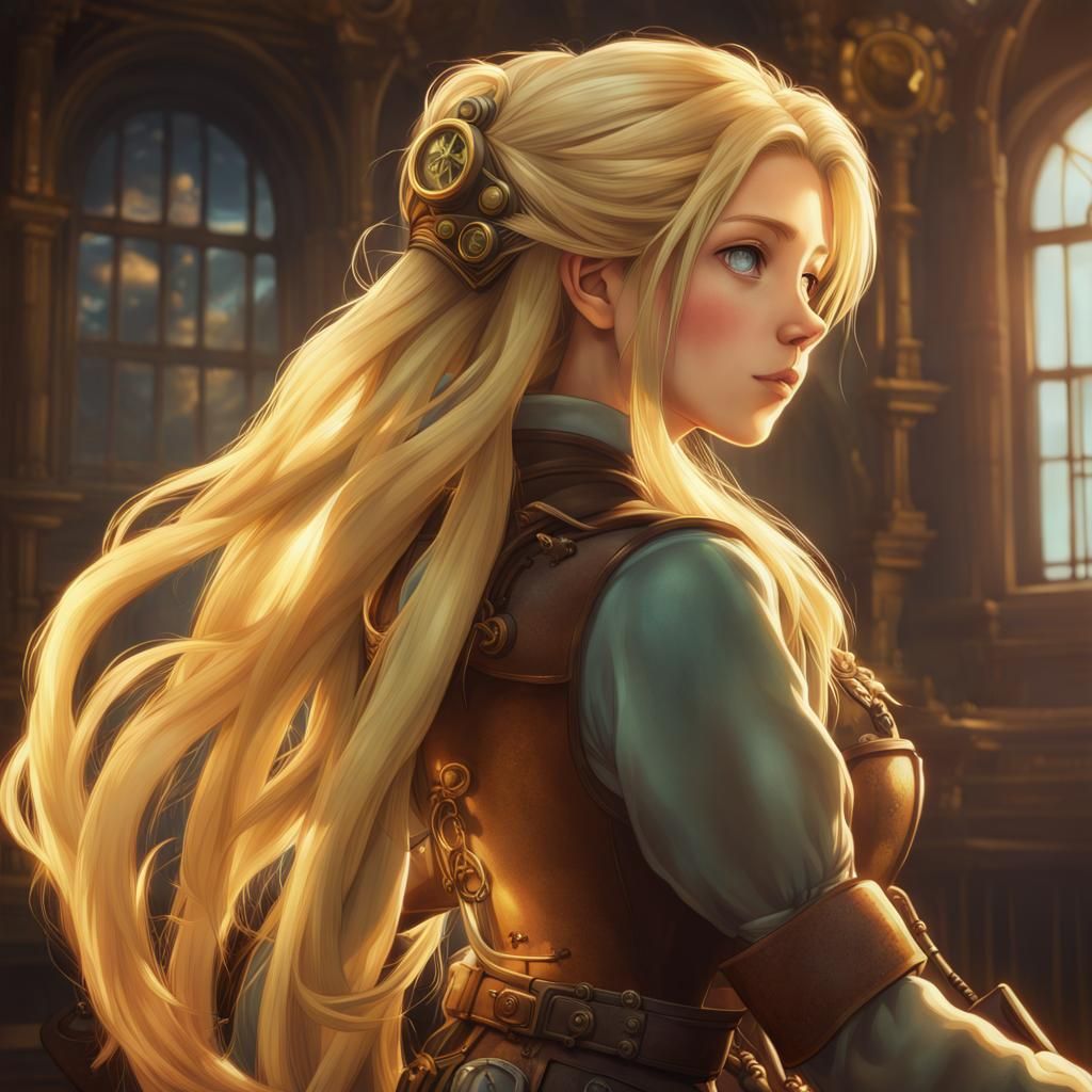 Steampunk Rapunzel in Anime Style, Detailed 8k Art